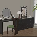 Black Dressing Table With Round Mirror Table Lamp Green Chair And Decorative Art Near Window
