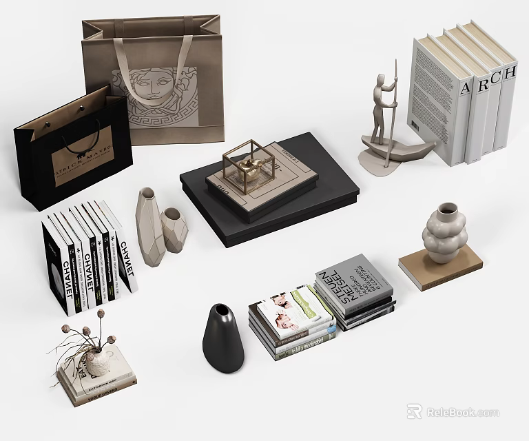 Decorative Ornament Set With Sculpture Books Vase Tray And Shopping Bag 3d model 