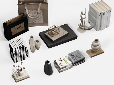 Decorative Ornament Set With Sculpture Books Vase Tray And Shopping Bag 3d model