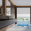 Modern Bathroom Design With Wooden Accents Marble Details Blue Bathtub Glass Shower And Scenic View Through Large Window