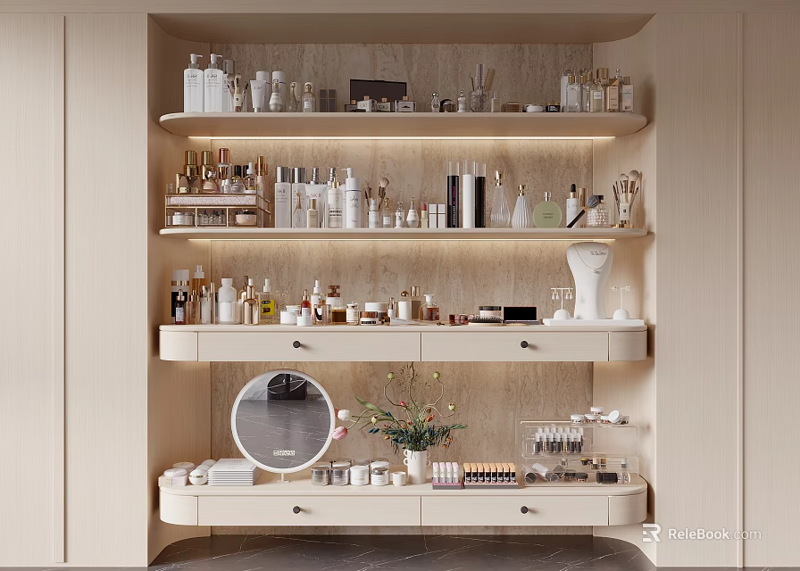 Elegant Vanity Setup With Perfumes Cosmetics Shelves Mirror and Decorative Flowers 3d model 