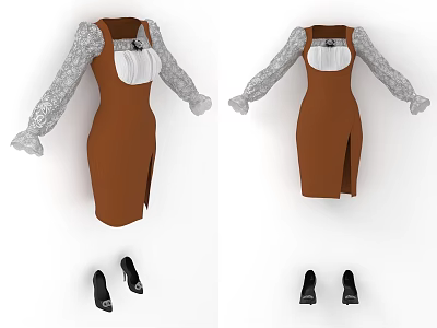 Elegant Brown Dress With White Lace Sleeves And Side Slit Design With Black High Heels 3d model