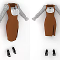 Elegant Brown Dress With White Lace Sleeves And Side Slit Design With Black High Heels