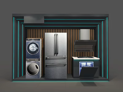 Modern Kitchen Display Area With Wooden Wall Blue Lines Cabinets Washing Machine And Refrigerator 3d model