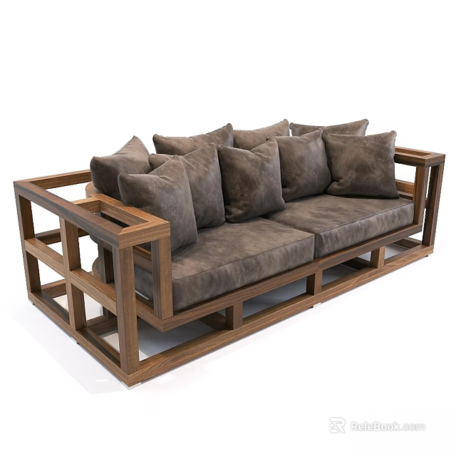 Modern Two Seater Sofa With Wooden Frame And Multiple Plush Cushions 3d model 