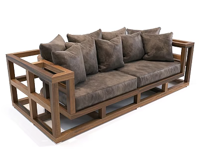 Modern Two Seater Sofa With Wooden Frame And Multiple Plush Cushions 3d model