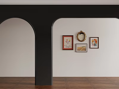 Black Arched Structure With Decorative Paintings And Round Clock In Interior Space With Wooden Floor 3d model