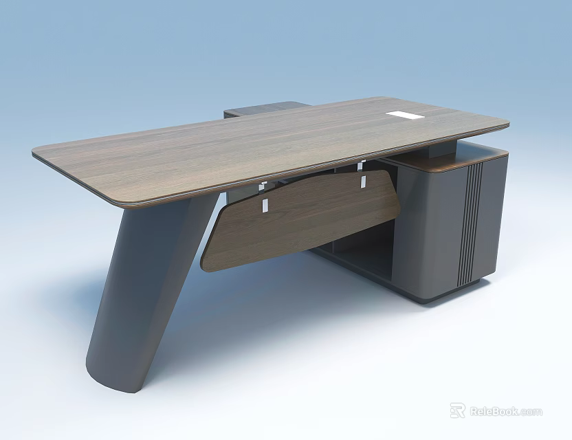 Modern Office Desk With Wooden Tabletop Black Legs And Side Storage Design 3d model 