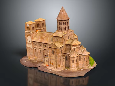 Historic Stone Building Model Featuring Pointed Tower Domes And Arched Windows 3d model