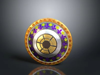 Decorative Round Shield Weapon Featuring Gold Purple Yellow Floral Patterns Ornate Border And Central Design 3d model