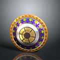 Decorative Round Shield Weapon Featuring Gold Purple Yellow Floral Patterns Ornate Border And Central Design
