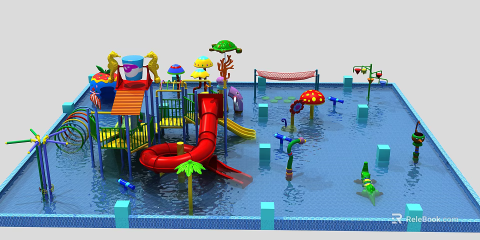 Outdoor Water Playground Equipment With Red Slide Hammock And Mushroom Shaped Decorations 3d model