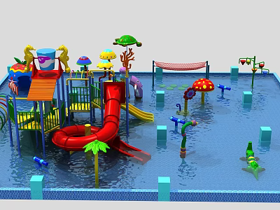 Outdoor Water Playground Equipment With Red Slide Hammock And Mushroom Shaped Decorations 3d model