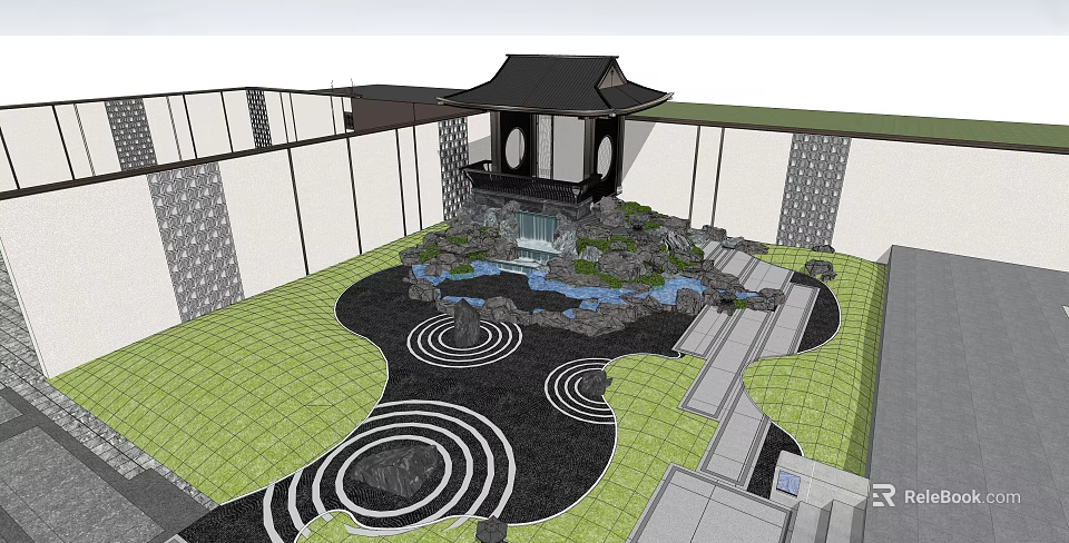 Japanese Garden Rockery Stones With Pavilion Water Feature And Circular Ground Patterns 3d model 