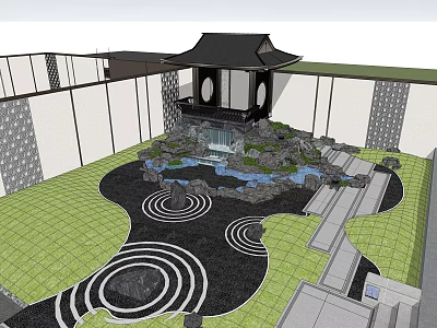 Japanese Garden Rockery Stones With Pavilion Water Feature And Circular Ground Patterns 3d model