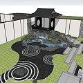 Japanese Garden Rockery Stones With Pavilion Water Feature And Circular Ground Patterns