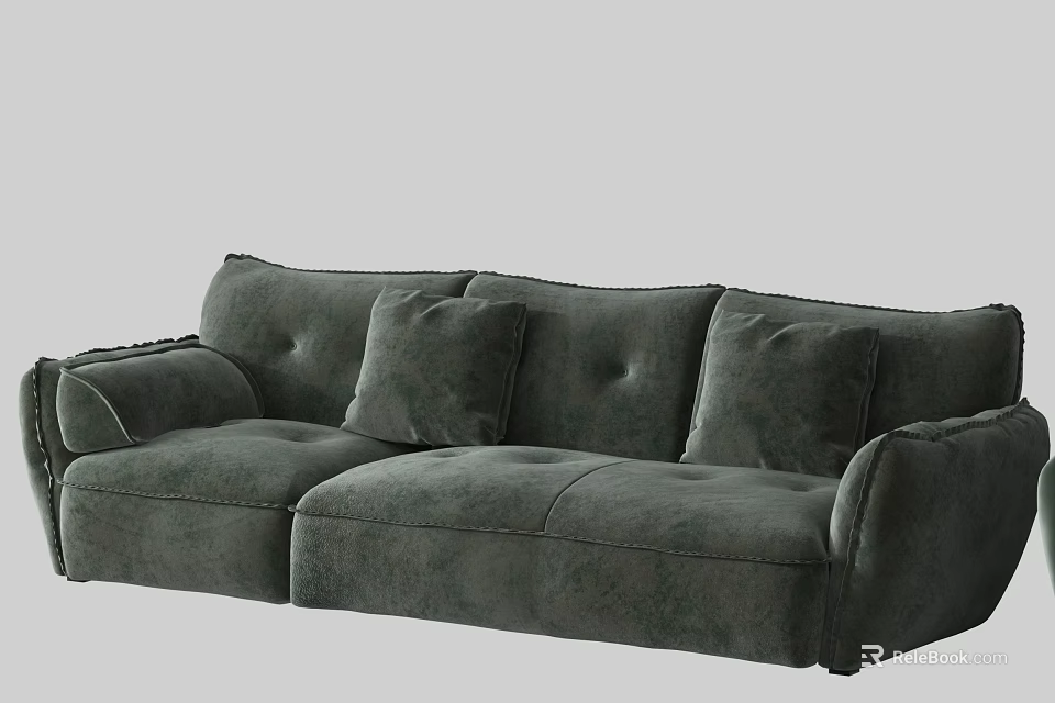 Dark Green Velvet Three-Seater Sofa With Plush Cushions And Modern Design 3d model 