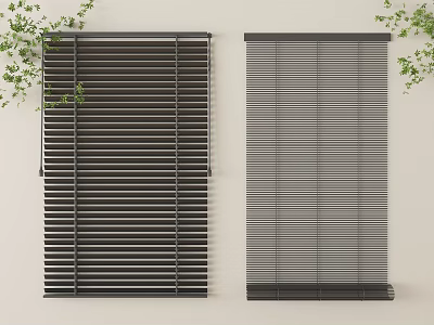 Dark Gray Blinds With Wide And Narrow Slats On Light Colored Wall With Green Plants 3d model
