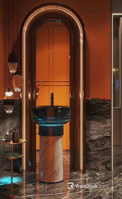 Modern Interior Washbasin Design Featuring Blue Basin Marble Base Copper Frame And Hanging Lamps 3d model 