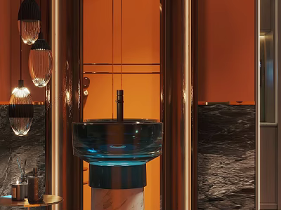 Modern Interior Washbasin Design Featuring Blue Basin Marble Base Copper Frame And Hanging Lamps 3d model