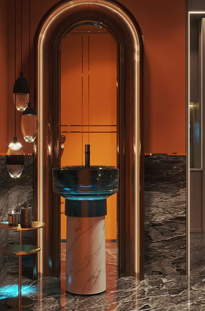 Modern Interior Washbasin Design Featuring Blue Basin Marble Base Copper Frame And Hanging Lamps 3d model