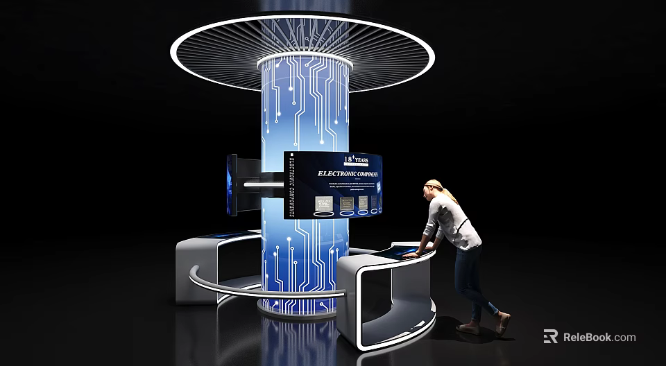 Tech Inspired Interactive Setup With Blue Pillar Circuit Board Pattern And Woman At Display Counters 3d model