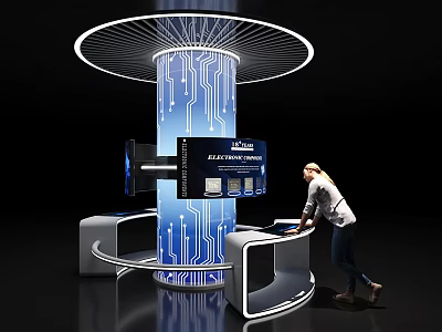 Tech Inspired Interactive Setup With Blue Pillar Circuit Board Pattern And Woman At Display Counters 3d model