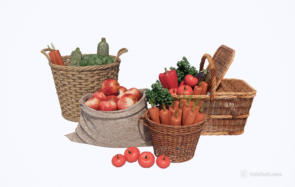Fresh Assorted Vegetables in Wicker Baskets with Carrots Cucumbers Bell Peppers and Scattered Tomatoes 3d model 