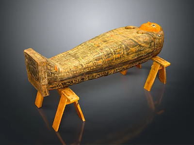 Ancient Egyptian Sarcophagus Sculpture With Intricate Carvings And Painted Details On Wooden Stands 3d model