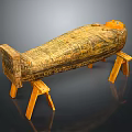 Ancient Egyptian Sarcophagus Sculpture With Intricate Carvings And Painted Details On Wooden Stands