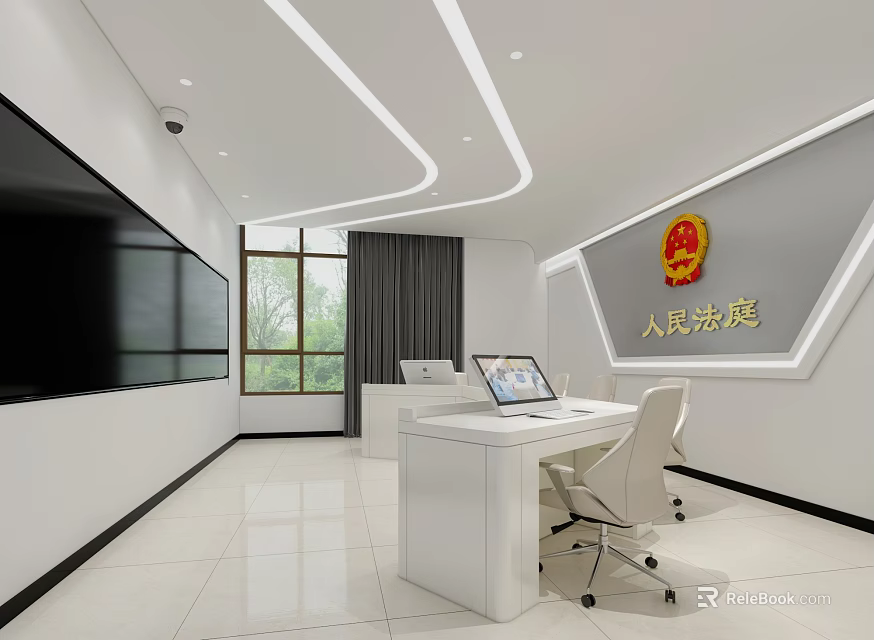 Modern Court Interior With White Desk Chair Large Screen National Emblem Windows Curtains 3d model 