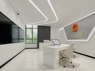 Modern Court Interior With White Desk Chair Large Screen National Emblem Windows Curtains 3d model