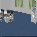Public Office Area With Office Desks Computer Monitors Office Chairs Blue Carpet And Green Curtains