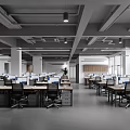 Modern Open Plan Public Office Space With Desks Computers Large Windows And Hanging Lights 3d model