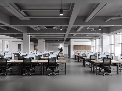 Modern Open Plan Public Office Space With Desks Computers Large Windows And Hanging Lights 3d model