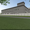 Modern Industrial Factory Building With White Exterior Gray Roof Green Lawn Trees And Road Frontage