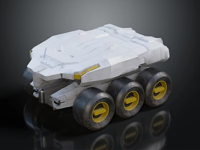 White Futuristic Vehicle Model With Six Wheels Yellow Rims And Angular Design 3d model