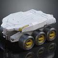 White Futuristic Vehicle Model With Six Wheels Yellow Rims And Angular Design