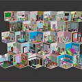 Cartoon Scenes Layered Stacked Cube Structure With Colorful Rooms Featuring Beds Sofas TVs And Bookshelves
