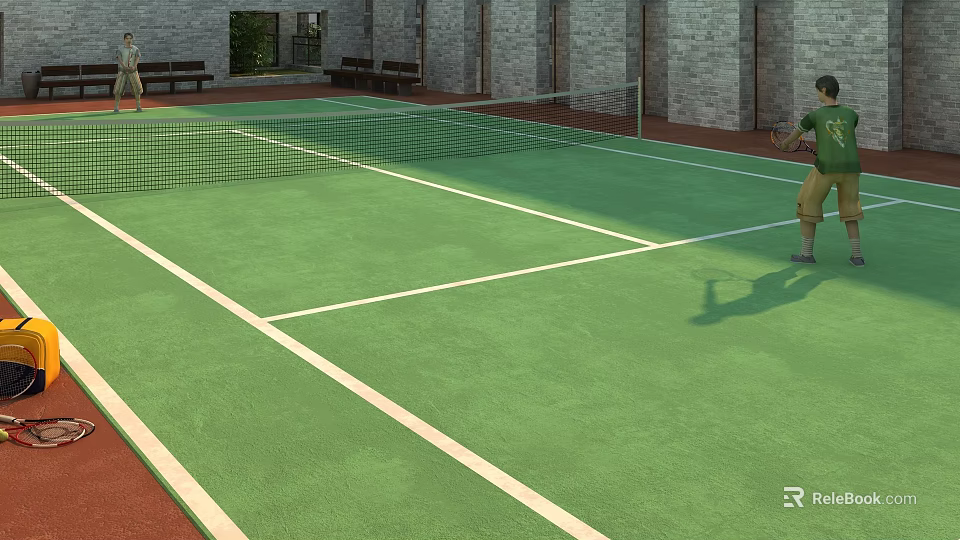 Green Tennis Court With Net And Person Playing Tennis Near Brick Walls And Benches 3d model