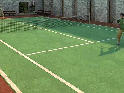 Green Tennis Court With Net And Person Playing Tennis Near Brick Walls And Benches 3d model