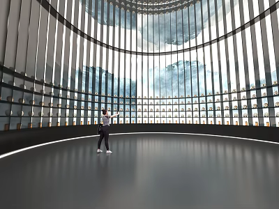 Cultural Center Interior With Circular Hall Curved Glass Walls Sleek Black Floor And City View 3d model