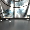 Cultural Center Interior With Circular Hall Curved Glass Walls Sleek Black Floor And City View