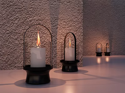 Elegant Decorative Ornament Set With Glass Lanterns And Lit Candles Against Gray Textured Wall 3d model