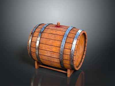 Traditional Wooden Barrel With Metal Hoops And Wooden Stopper For Home Storage 3d model