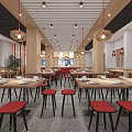 Spacious Restaurant Interior With Wooden Tables Red Stools Hanging Lights And Decorative Elements