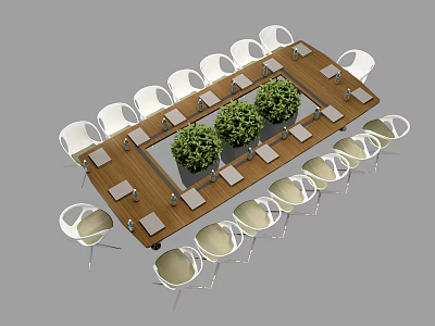 Modern Rectangular Wooden Conference Table With White Chairs And Green Plants 3d model