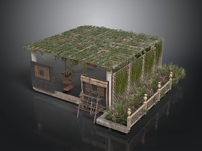 Garden Pergola Structure With Green Vegetation Roof And Flower Decorated Railing 3d model