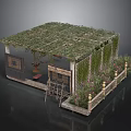 Garden Pergola Structure With Green Vegetation Roof And Flower Decorated Railing