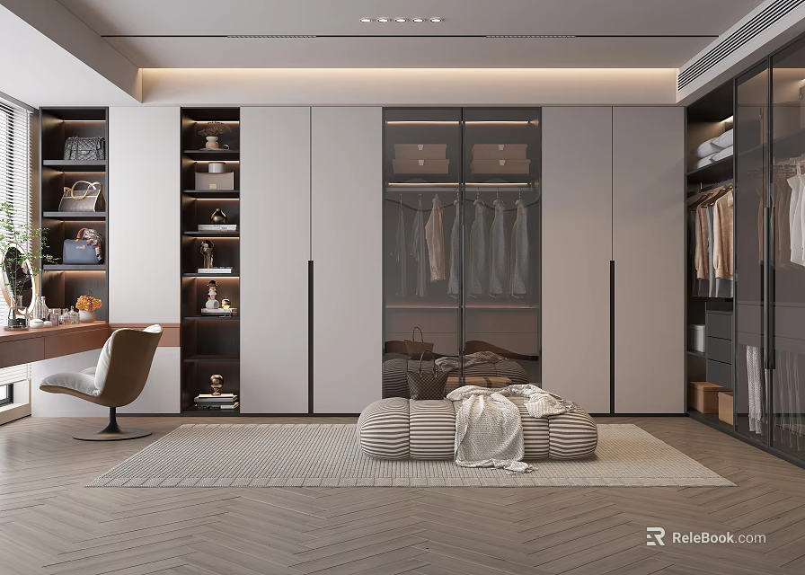 Modern Walk in Closet Design With Storage Shelves And Dressing Space 3d model 